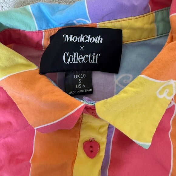 Modcloth x Collectif Rainbow Cropped Sleeveless Button Down Knot Keyhole Blouse - Picture 4 of 8